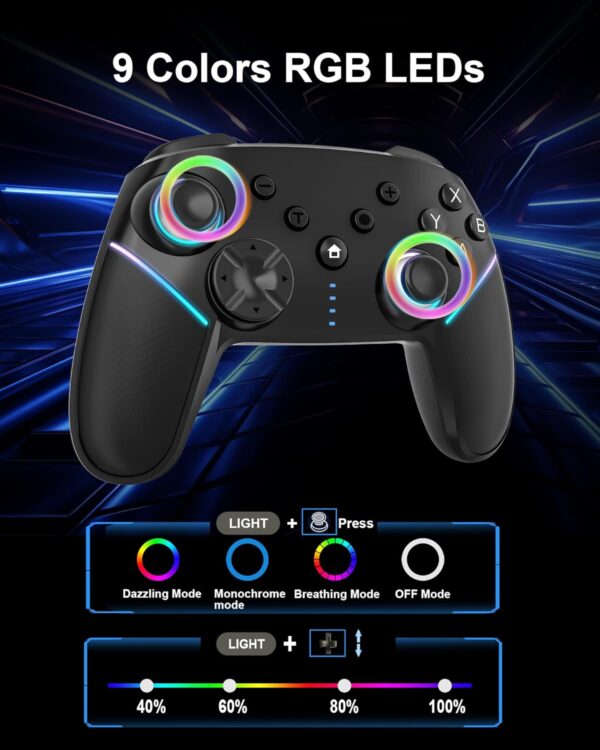 Wireless Switch Controller,Switch Pro Controllers for Nintendo Switch/Lite/OLED/PC,Bluetooth PC Gaming Controller with 9-Color RGB LEDs, 950mAh Battery, Programmable Buttons,Gyro Axis,Turbo, White - Image 4