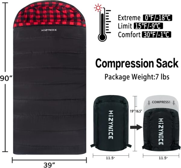 HiZYNICE 0 Degree Sleeping Bag 100% Cotton Flannel for Adults Camping Big and Tall Man Extra Large Wide XXL Oversized Cold Weather Winter,Free Compression Sack - Image 3