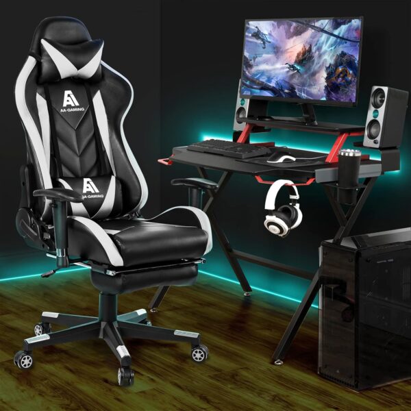AA Products Gaming Chair High Back Ergonomic Computer Racing Chair Adjustable Office Chair with Footrest, Lumbar Support Swivel Chair - White - Image 3