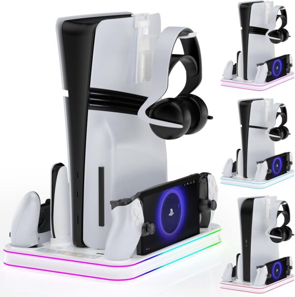 Aceshop PS5/PS5 Slim/PS5 Pro Stand and Cooling Station with RGB Light Charging Dock for PS Portal and Dual Sense & Edge Controller Charging Station for PS5/PS5 Slim/PS5 Pro Accessories with Hook - Image 2