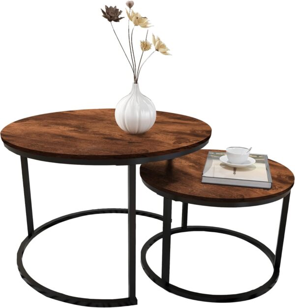 HOMERECOMMEND Round Nesting Coffee Table Modern Nesting Side Set of 2 End Table for Living Room,Round Wooden Accent Coffee Table with Solid Powder-Coated Metal Frame, Rustic Brown/Black - Image 5