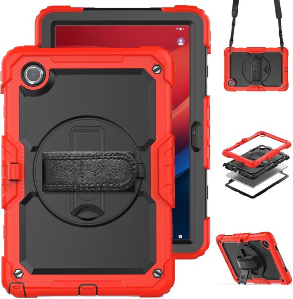 Case for Samsung Galaxy Tab A9 8.7 Inch 2023 Model (SM-X110/X115/X117) with Built-in Screen Protector 360 Rotating Hand Strap/Shoulder Strap Heavy Duty Shockproof Full Body Hybrid Cover Red - Image 2