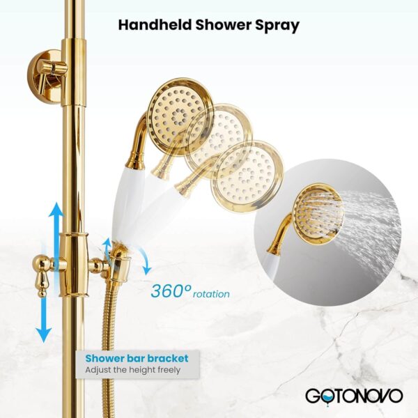 gotonovo Bathroom Exposed Shower Faucet 8 Inch Rainfall Shower Head Set with Tub Spout and Handheld Spray Double Cross Handles Wall Mount Straight Bar without Shower Shelf Polished Gold - Image 10