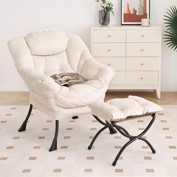 Furlide Lazy Chair with Ottoman, Modern Chair with Folding Footrest Stool Set, Accent Contemporary Lounge Chair, Oversized Armchairs for Bedroom, Study, Living Room, Garden, Courtyard (Beige) - Image 6