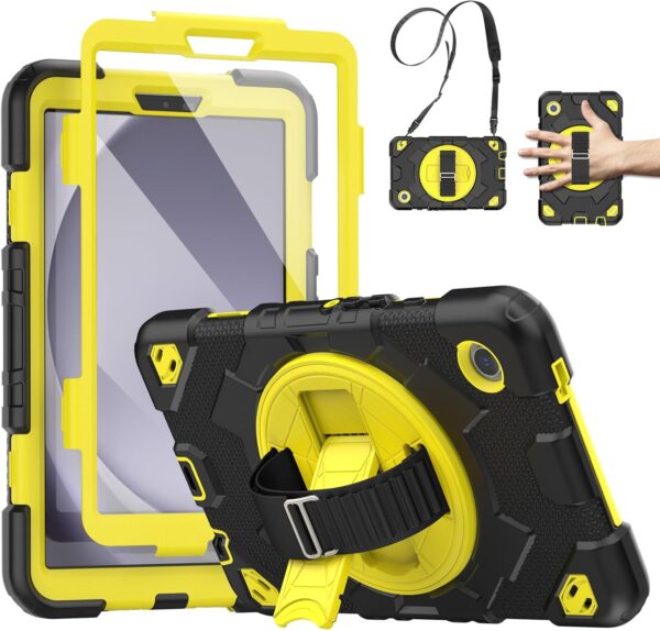 SEYMCY for Samsung Galaxy Tab A9 Case 8.7 inch 2023, Full Body Shockproof Cover with Screen Protector, Rotating Stand & Hand Strap, Carrying Strap for Samsung A9 Tablet, Yellow - Image 2