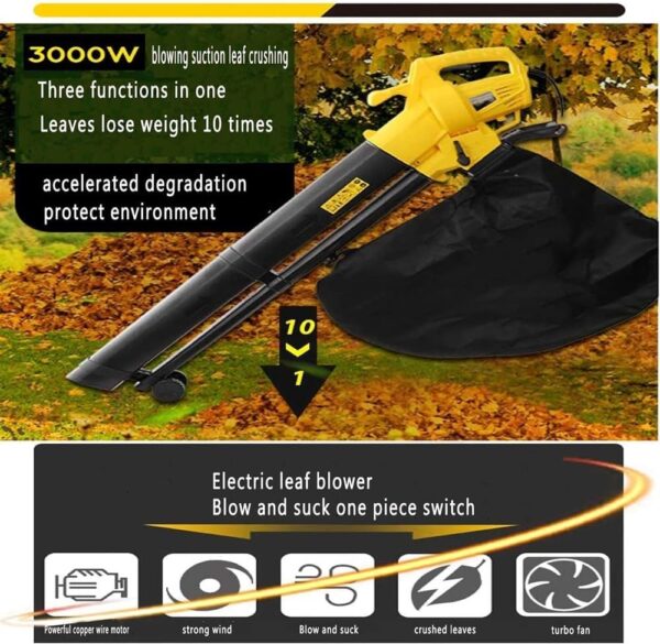 Electric Leaf Blower Vacuum Shredder with Large 35L Bag - 3000W 3-in-1 Variable Speed Electric Blower for Yard Clean-Up and Mulching - Image 4