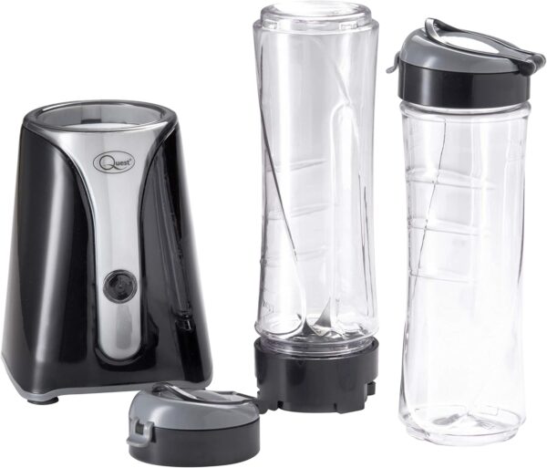 Quest Personal Blender & Smoothie Maker | 350 Watt | Includes 2x 600ml Portable Bottles | One Touch Button | Slimline, Portable and Compact | Stainless Steel Blades (Black & Grey) - Image 6