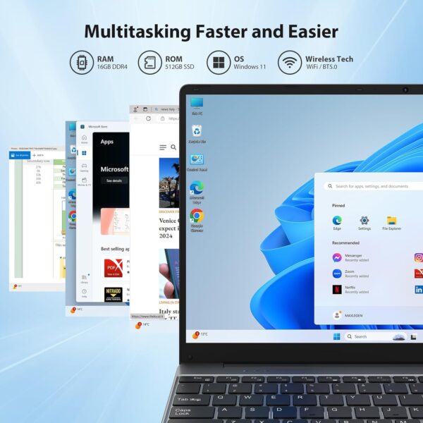 15.6 Inch Laptop, Quad-Core N95 Processor Up to 3.4GHz (Beat N5095), 16GB DDR4 512GB SSD Notebook Computers, 1080P FHD Display Laptops Computer, WiFi 5G, Type-C, USB 3.0, with Keyboard Film UK/Mouse - Image 4
