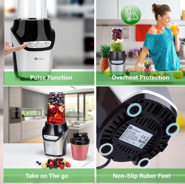 PureMate Blender and Food Processor - Powerful 18,000 RPM Extractor Blends Frozen Fruit, Nuts & Ice – 1000W Motor with Stainless Steel Blades and 3 Speed Settings – Ideal For Smoothies & Post Workout - Image 5