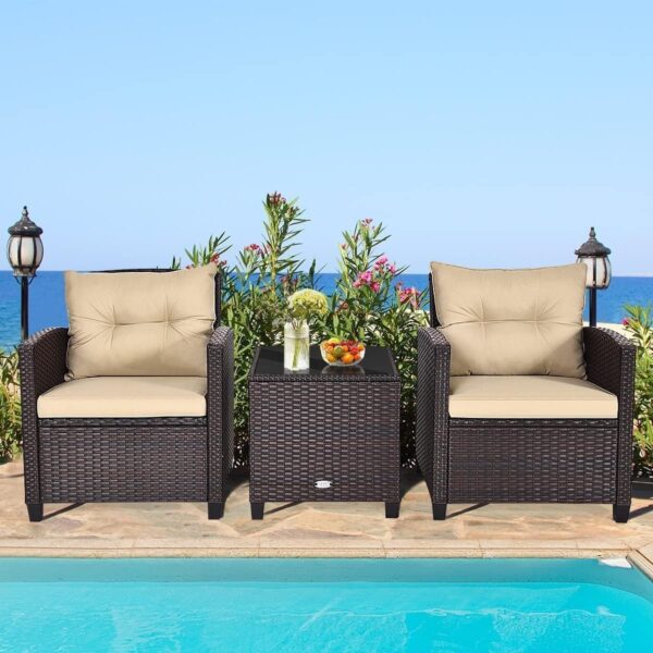 HOMGX 3 Pieces PE Rattan Wicker Patio Sofa Chairs, Outdoor Furniture Conversation Sets with Washable Cushion & Glass Table, Rattan Sofa Set for Balcony, Porch, Yard, Backyard, Lawn, (Mix Brown) - Image 8