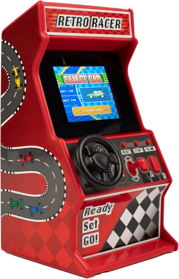 Mini Arcade Racing Machine: Handheld Console with 30 Pre-loaded 8-Bit Games, 2.4" LCD Screen, Steering Wheel, Gear Stick, Control Buttons, Games Console by Thumbs Up! - Image 2