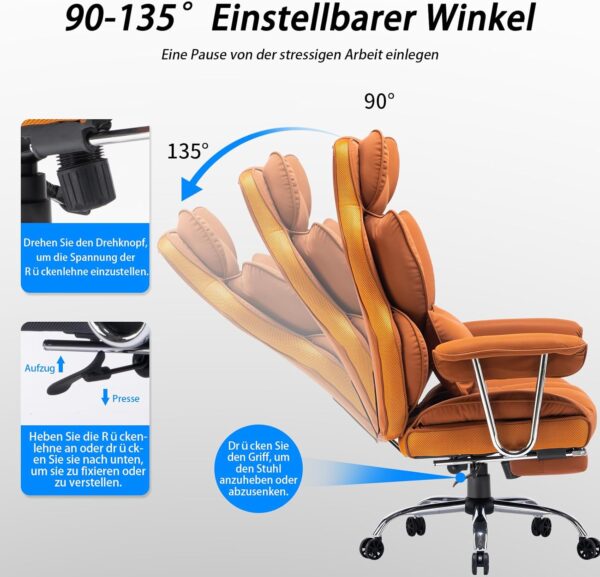 Efomao Desk Office Chair, Big and Tall PU Leather Ergonomic Office Chair, 200KG Adjustable High Back Computer Chair,Executive Swivel Chair with Footrest and Lumbar Support, Orange - Image 5