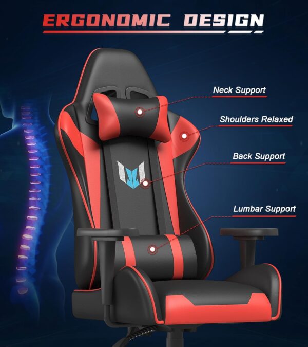 Racingreat Professional Gaming Chair, PU Leather Office Chair, Economic Gaming Chair, 2D Armrests, Gaming Chair with Lumbar Support and Headrest for Home Office Gamer, Black / Red - Image 6