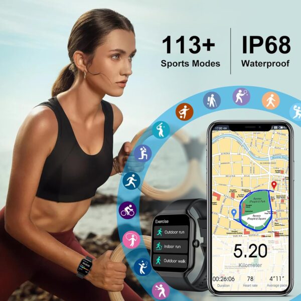 Smart Watch for Men Women Answer/Make Calls, 1.96" HD Touch Screen Fitness Watch with Heart Rate/Sleep Monitor/Step Counter, 113+ Sports Activity Trackers, IP68 Waterproof Smartwatch for Android/iOS - Image 6