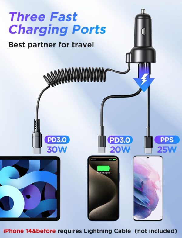 USB C Car Charger, 60W Super Fast Car Charger PD&QC3.0 &PPS Fast Charging with 5ft Type C Coiled Cable, 3 Fast Port Cigarette Lighter Usb Charger for iPhone 16/15/ Samsung S24/iPad Pro All Phones - Image 5