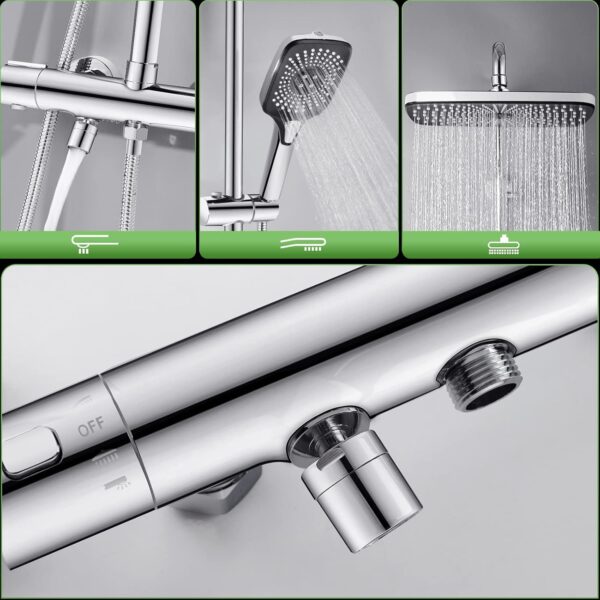 SHANFO Thermostatic Exposed Shower System - Rectangle Overhead Shower, Hand Shower and Bath Filler Combo - Chrome - Image 3