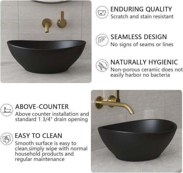 Deervalley Bathroom Sink, 16"x13" Oval Bathroom Vessel Sink above Counter Vanity Sink, Ceramic Wash Basin (Black, DV-1V0011) - Image 5