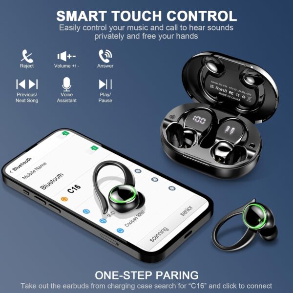 Wireless Earbuds, Bluetooth 5.4 Headphones with 4 ENC Noise Canceling Mic, 50H Playtime Stereo Wireless Earphones with LED Display, Over Ear Buds with Earhooks, IP7 Waterproof for Sport/Running/Gym - Image 6