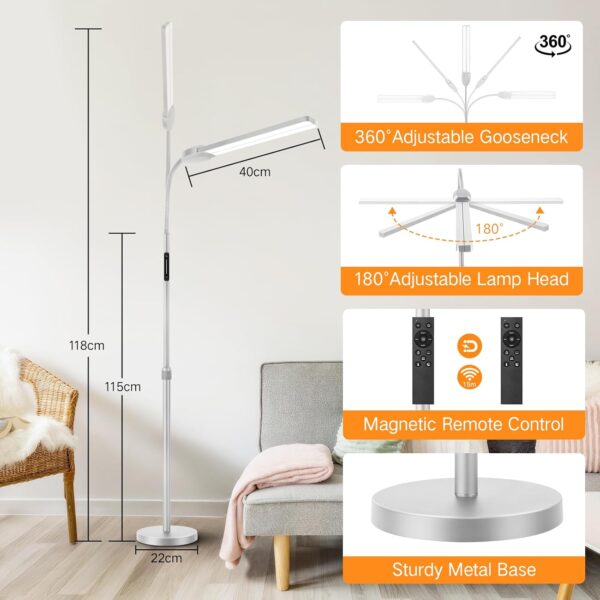 OUTON LED Floor Lamp with Double Head, 18W 1800LM, Super Wide & Bright, Height Adjustable, Remote & Touch Control, Memory Function, Dimmable Standing Lamp for Reading, Working, Sewing, Silver Grey - Image 9