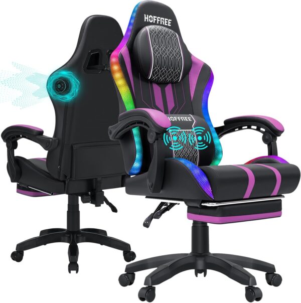 HOFFREE Massage LED Gaming Chair with Speakers, Large and High Video Game Chair with Footrest for 400lbs - Purple and Black High Back Reclining Computer Desk Chair - Image 2