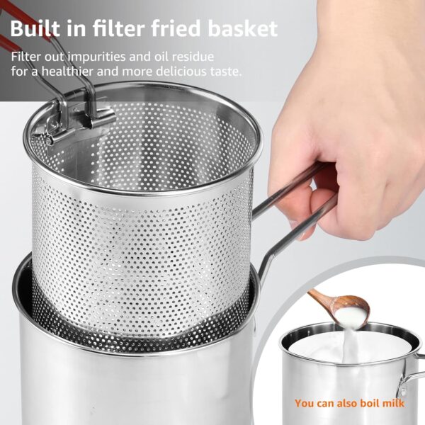 Deep Fryer with Basket 304 Stainless Steel Deep Fryer Pot with Strainer Basket 1200ml Mini Deep Oil Fryer with Handle Multifunctional Kitchen Gadgets Small Fryer Pan for Tempura Chips Fish Chicken(A) - Image 5
