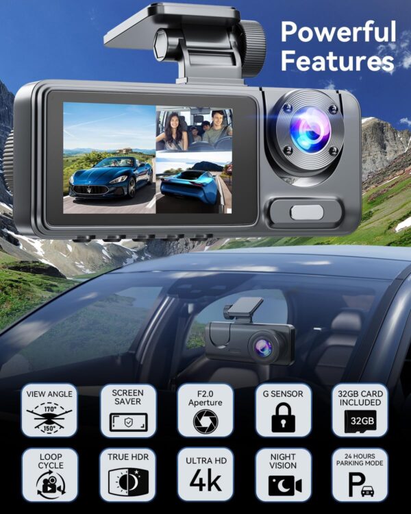Dash Cam Front and Rear, 4K Full HD Dash Camera with 32GB SD Card, 3 Channel Dash Cam for Cars, Dashcam with G-Sensor, Loop Recording, Night Vision, 24H Parking Mode, 170°Wide Angle - Image 7