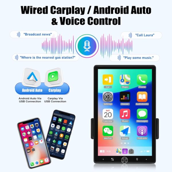 CAMECHO 10.4 inch Single Din Car Stereo with Wireless Carplay and Android Auto, Rotatable Vertical Screen with Bluetooth FM Radio Mirror Link USB/AUX/EQ+ Reversing Camera - Image 4