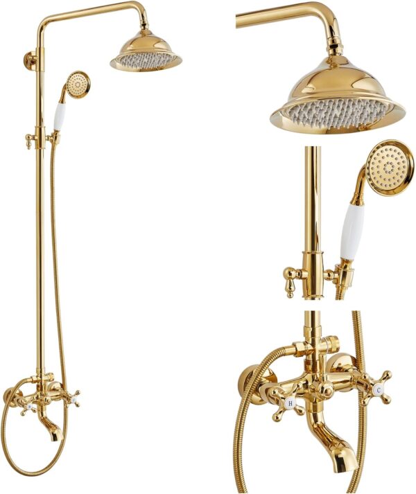 gotonovo Bathroom Exposed Shower Faucet 8 Inch Rainfall Shower Head Set with Tub Spout and Handheld Spray Double Cross Handles Wall Mount Straight Bar without Shower Shelf Polished Gold - Image 2