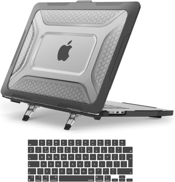 MOSISO Compatible with MacBook Air 15 inch Case 2025 2024 2023 M4 M3 M2, Hard Cover for MacBook Air Case A3241 A3114 A2941 Honeycomb Shockproof TPU Bumper Fold Kickstand&Keyboard Skin, Black - Image 2