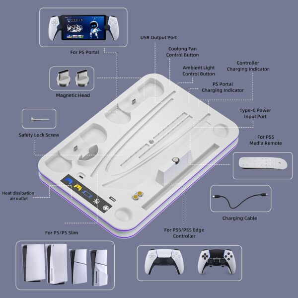 PS5 Slim Cooling Station with RGB LED Controller Charger, PS5 Accessories - White - Image 7