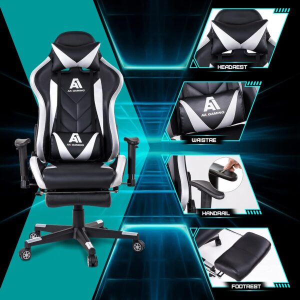 AA Products Gaming Chair High Back Ergonomic Computer Racing Chair Adjustable Office Chair with Footrest, Lumbar Support Swivel Chair - White - Image 7