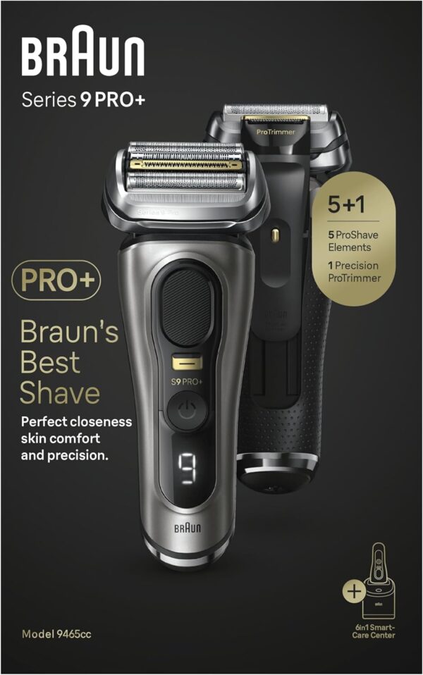 Braun Series 9 Pro Electric Shaver With 4+1 Head, ProLift Trimmer, 5-in-1 SmartCare Center & Leather Travel Case, UK 2 Pin Plug, 9465cc, Silver Razor - Image 7