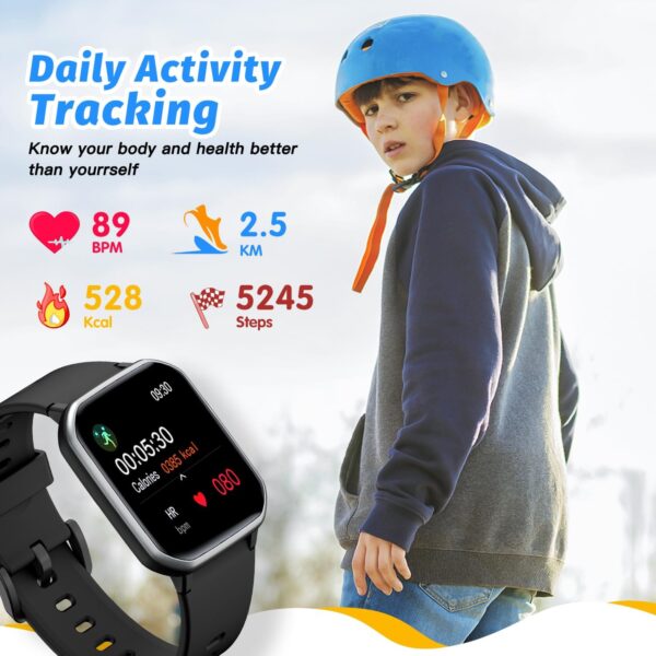 Kids Smart Watch for Boys,IP68 Waterproof Kids Fitness Tracker Watch with 1.5 Inch DIY Face,Heart Rate Sleep Monitor,19 Sport Modes,Calories Counter,Alarm Clock,Great Gifts for Children 6+ (Black) - Image 8