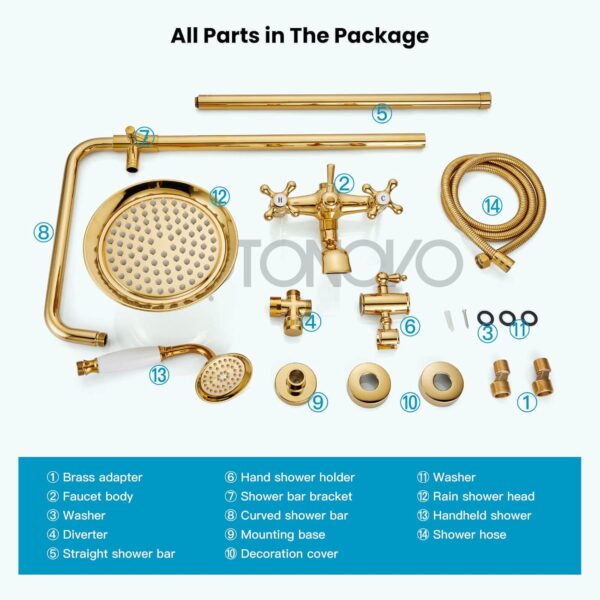 gotonovo Bathroom Exposed Shower Faucet 8 Inch Rainfall Shower Head Set with Tub Spout and Handheld Spray Double Cross Handles Wall Mount Straight Bar without Shower Shelf Polished Gold - Image 8