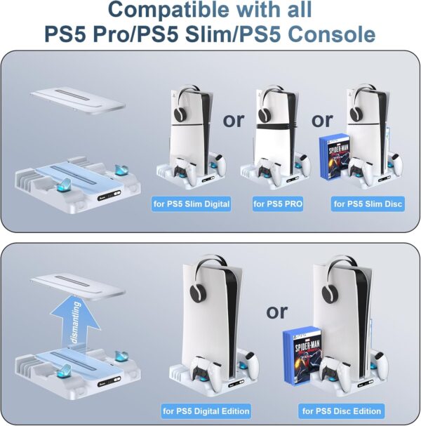 Juseisin PS5 Console Cooling Station Stand for Slim, Pro, and Digital Editions – Efficient Heat Dissipation, Fast Charging, 3-Level Fan, 8 Game Slots, Type C Charger Cord (White) - Image 5