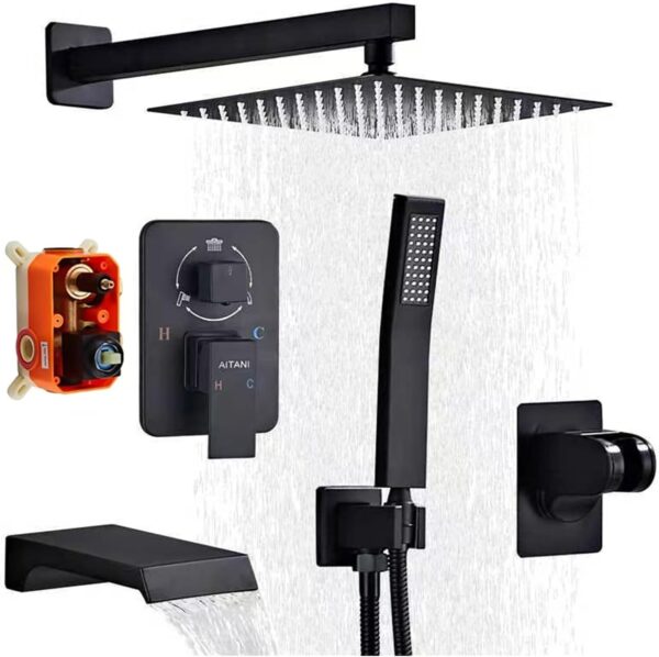 10 Inch Shower Faucet Set with High Pressure Bath Spout Matte Black Square Shower System Rain Shower Head 3 Functions Portable Waterfall Shower Rainfall Shower - Image 2