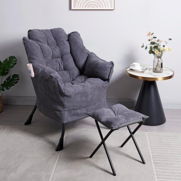 Panana Armchair Accent Chair Lazy Chair Lounge Chair with Armrests Fabric Leisure Sofa Chair with Footstool (Dark Grey) - Image 2