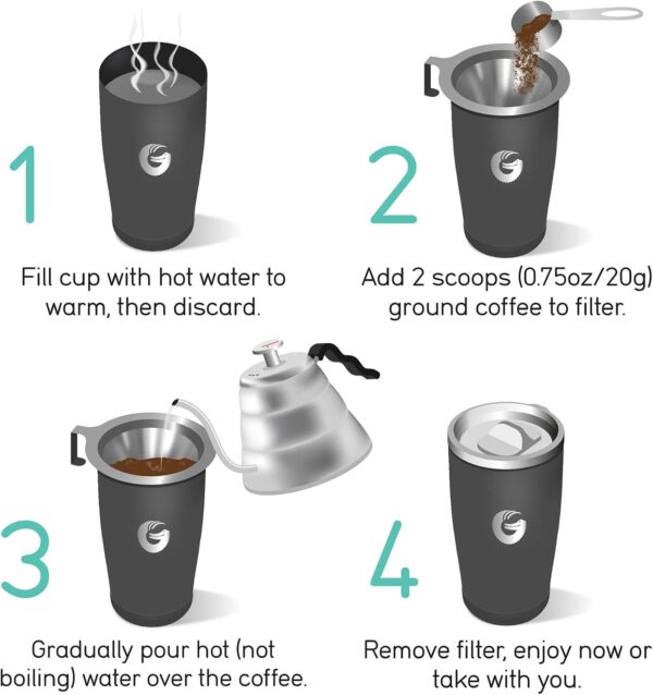Coffee Gator Insulated Coffee Cup with Paperless Filter, All-in-One Hand Drip Coffee Maker with Filter, Thermal Stainless Steel Travel Cup for Hot Drinks - 585ml / 20oz (Sliver) - Image 5
