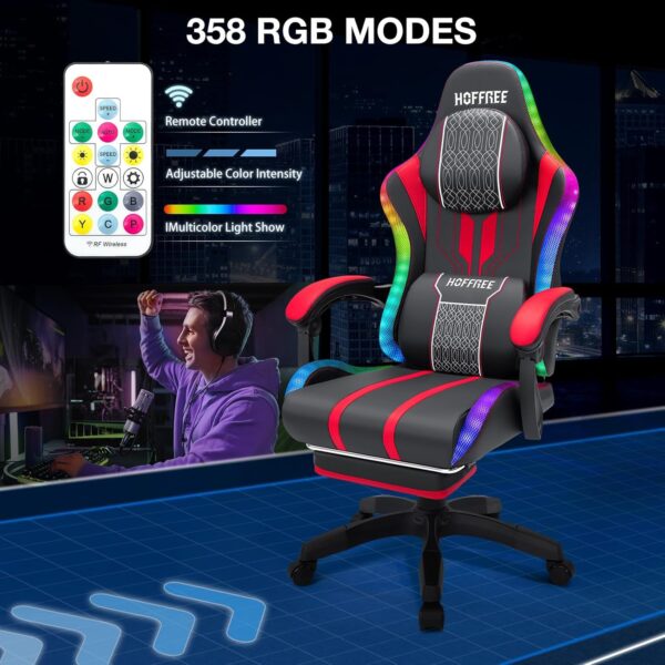 HOFFREE Led Gaming Chair with Speakers and Massage Big and Tall Video Game Chair for 400lbs with Footrest Reclining High Back Computer Chair Red Black - Image 5