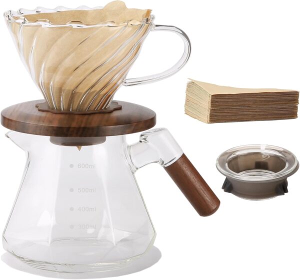 Lalord Pour Over Coffee Maker, 600 ml Borosilicate Glass Set with 100 pcs Size 02 Paper Filter, Walnut Collar & Glass Lid, Drip Coffee Maker, 1-3 Cups, Clear - Image 2