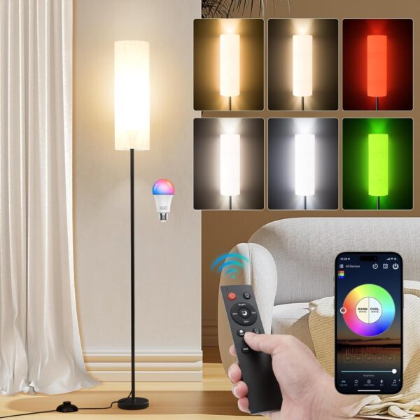 Frideko Floor Lamp for Bedroom,Modern Standing Lamp with RGB Smart LED Bulb & Brightness Dimmable,Floor Lamps with Remote,Corner Floor Lamps for Living Room Office,Foot Switch,Beige Lampshade - Image 2