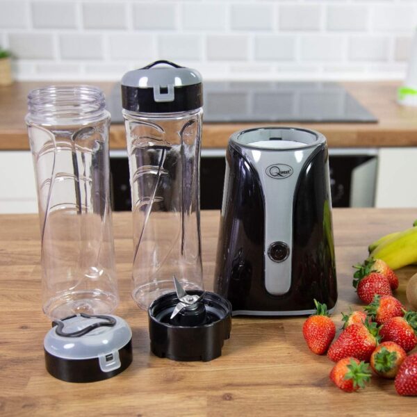 Quest Personal Blender & Smoothie Maker | 350 Watt | Includes 2x 600ml Portable Bottles | One Touch Button | Slimline, Portable and Compact | Stainless Steel Blades (Black & Grey) - Image 3