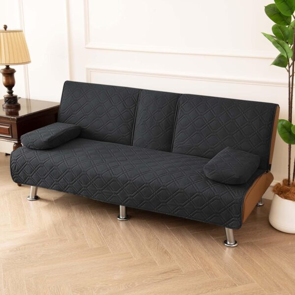 SYLC 4-Piece Waterproof Click Clack Sofa Bed Cover - 3 Seater, Quilted Convertible Folding Futon Cover with 2 Removable Armrests and 1 Cup Holder (Black, 1 Set) - Image 2