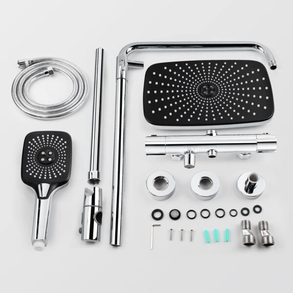 SHANFO Thermostatic Exposed Shower System - Rectangle Overhead Shower, Hand Shower and Bath Filler Combo - Chrome - Image 8