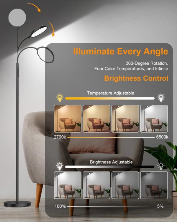 Bototek Modern Floor Lamp for Bedrooms & Living Room - Standing Tall Lamp with Lampshade - Image 3