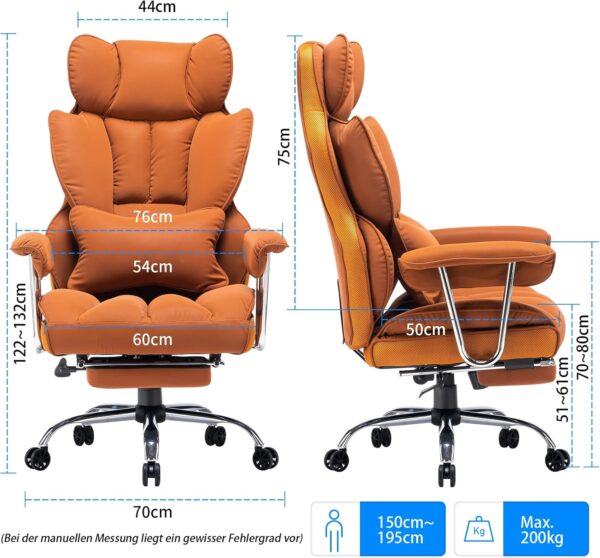 Efomao Desk Office Chair, Big and Tall PU Leather Ergonomic Office Chair, 200KG Adjustable High Back Computer Chair,Executive Swivel Chair with Footrest and Lumbar Support, Orange - Image 3