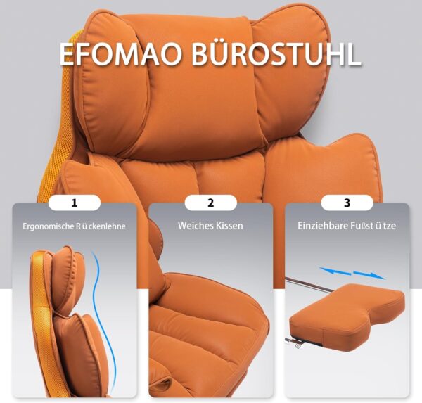 Efomao Desk Office Chair, Big and Tall PU Leather Ergonomic Office Chair, 200KG Adjustable High Back Computer Chair,Executive Swivel Chair with Footrest and Lumbar Support, Orange - Image 4