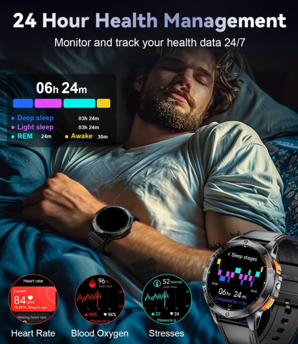 GPS Men Smart Watch with Compass LED Flashlight 1.43″AMOLED Smartwatch for Men Bluetooth Call for Android iOS 530 mAh Big Battery Male Smart Watch,Heart Rate Health Monitor,2 Watch Strap,Black - Image 7
