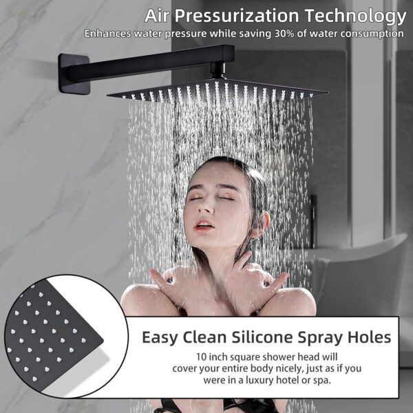 10 Inch Shower Faucet Set with High Pressure Bath Spout Matte Black Square Shower System Rain Shower Head 3 Functions Portable Waterfall Shower Rainfall Shower - Image 6