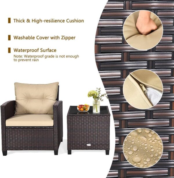 HOMGX 3 Pieces PE Rattan Wicker Patio Sofa Chairs, Outdoor Furniture Conversation Sets with Washable Cushion & Glass Table, Rattan Sofa Set for Balcony, Porch, Yard, Backyard, Lawn, (Mix Brown) - Image 4
